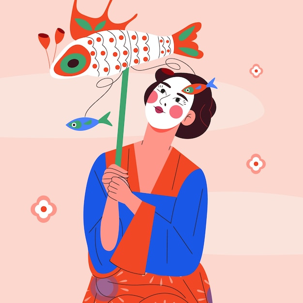 Vector hand drawn painted geisha illustration