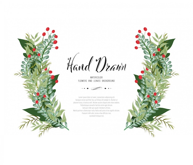 Vector hand drawn painted watercolor wreath floral leaves and branches. vintage flower.