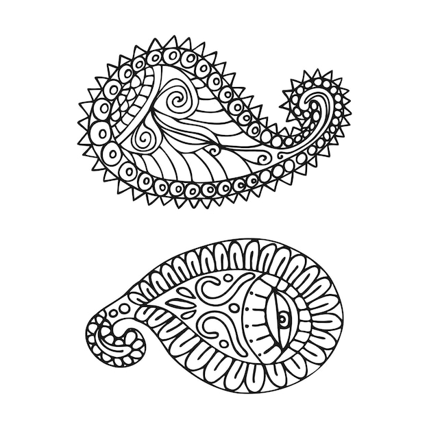 Elementi del modello paisley disegnati a mano isolati su sfondo bianco disegno mehndi schizzo paisley