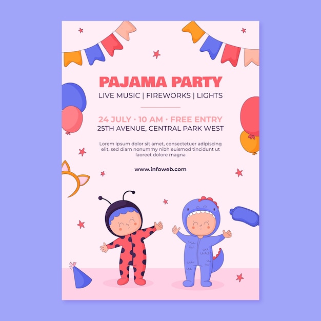 Вектор Нарисованный рукой шаблон плаката пижамной вечеринки