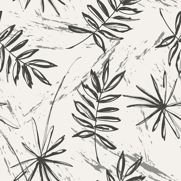Hand Drawn Palm Leaves And Weeds Sketch Seamless Pattern