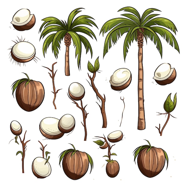 Vettore il tronco di palme disegnato a mano, i rami germogliano, l'illustrazione vettoriale del cartone animato, il clipart, lo sfondo bianco.