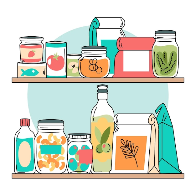 Vector hand drawn pantry with different foods collection