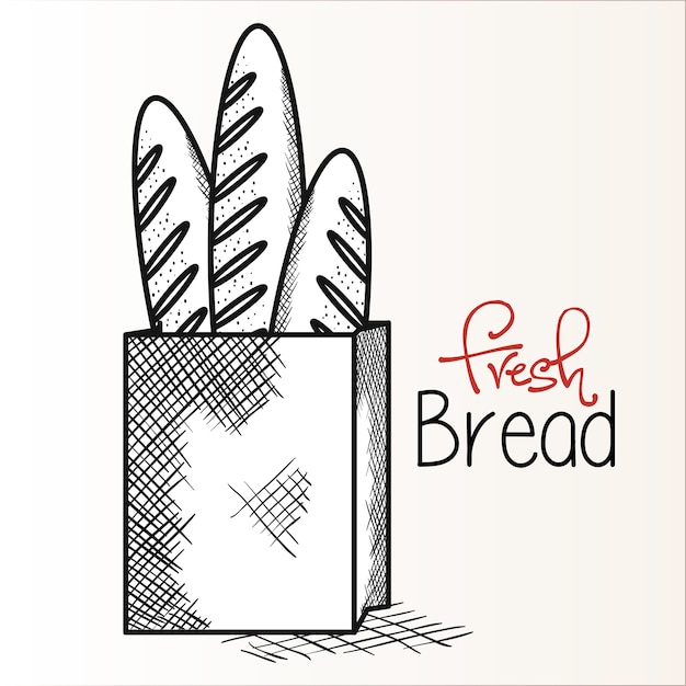 Hand drawn paper bag with baguette over white background. Vector illustration.