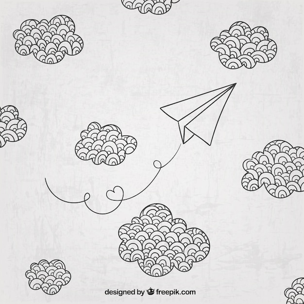 Hand drawn paper plane and clouds