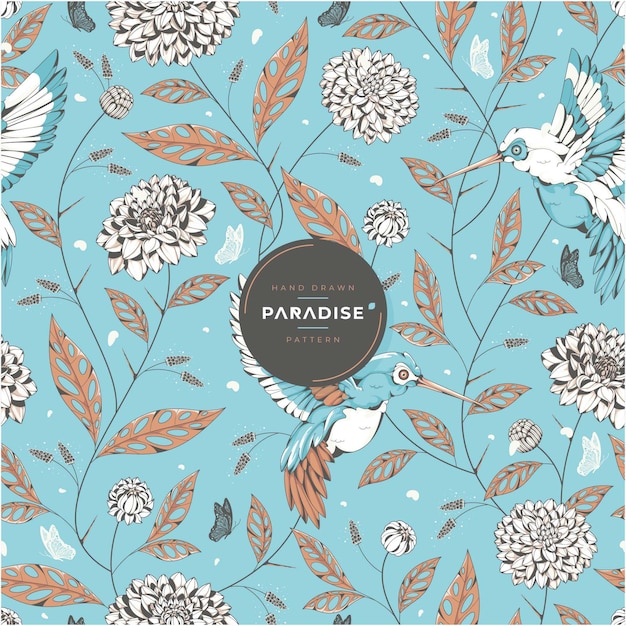 Hand drawn paradise birds and floral pattern