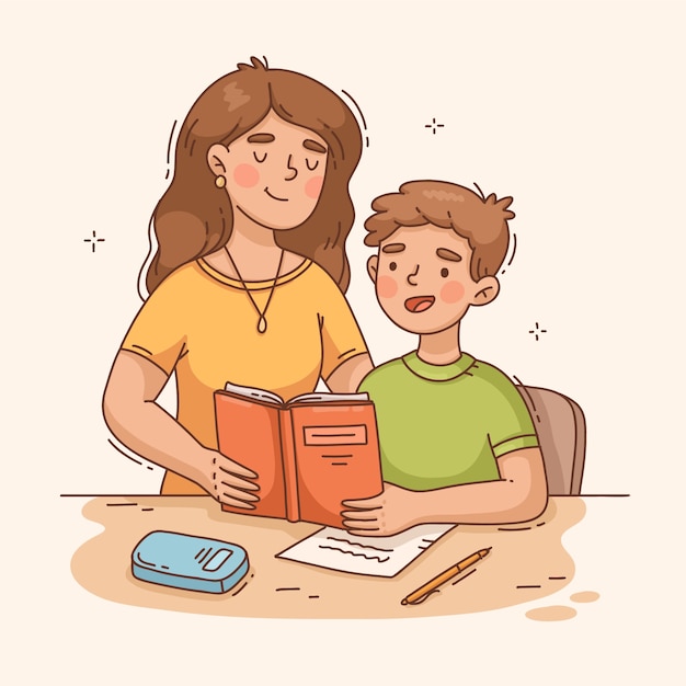 Vettore genitori disegnati a mano che aiutano i bambini con l'illustrazione dei compiti