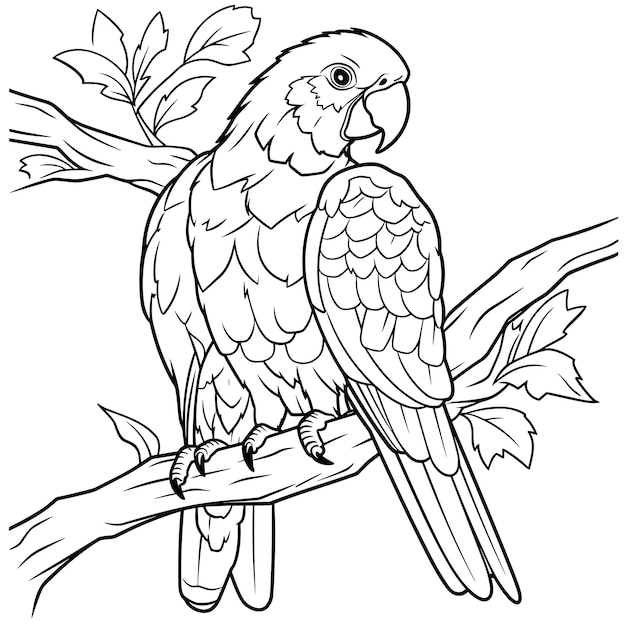 Vettore disegnato a mano illustrazione del contorno del pappagallo libro o pagina da colorare in bianco e nero per bambini