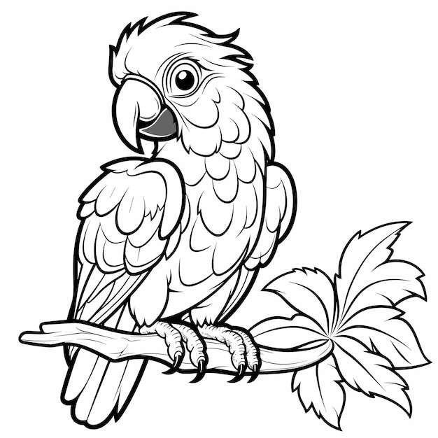 Hand drawn parrot outline illustration black and white coloring book or page for children