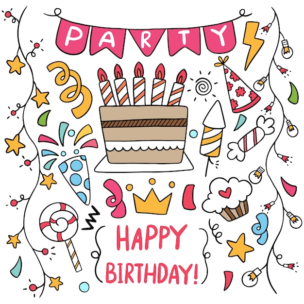 Elementi disegnati a mano buon compleanno doodle