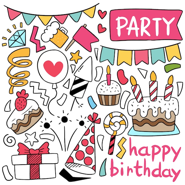 Vector hand drawn party doodle happy birthday elements