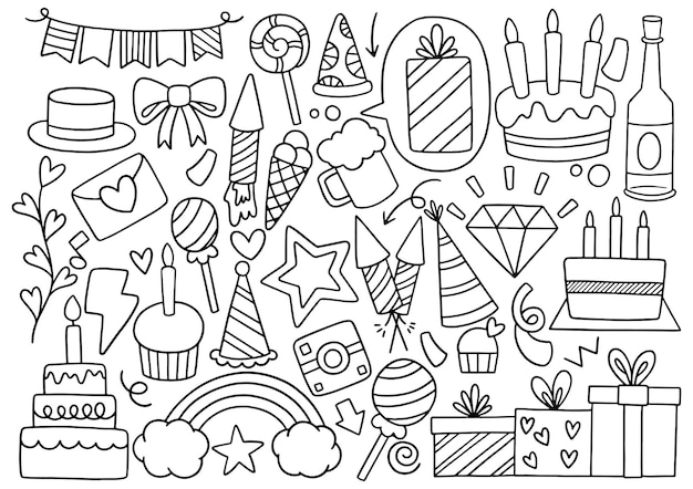 Hand drawn party doodle happy birthday ornaments background pattern vector illustration