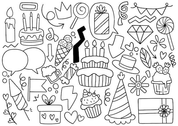 Hand drawn party doodle happy birthday ornaments background pattern vector illustration