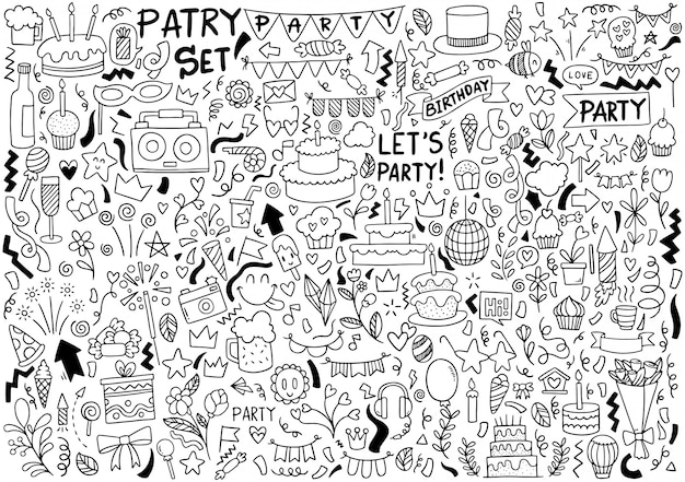 Vector hand drawn party doodle happy birthday ornaments background pattern