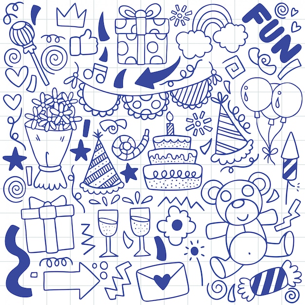 Hand drawn party doodle happy birthday ornaments background pattern