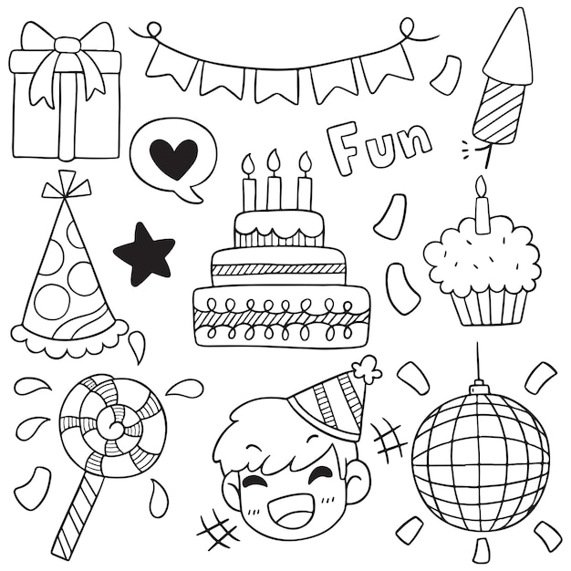 Hand drawn party doodle happy birthday ornaments background pattern