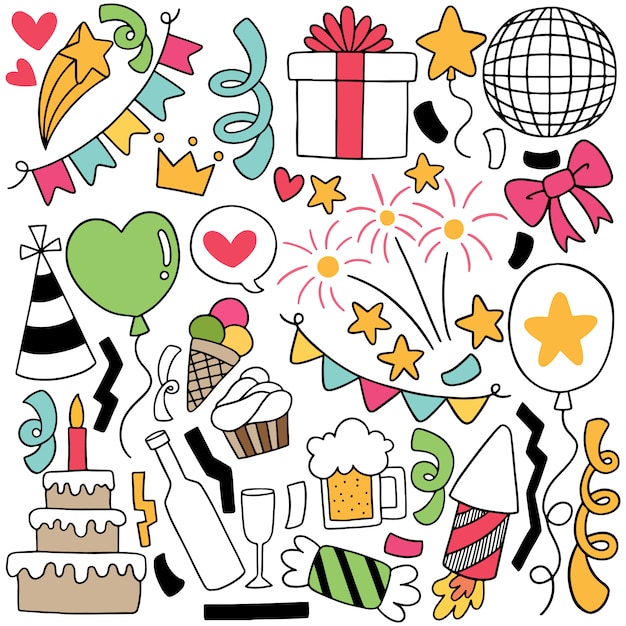 Hand drawn party doodle happy birthday ornaments illustration