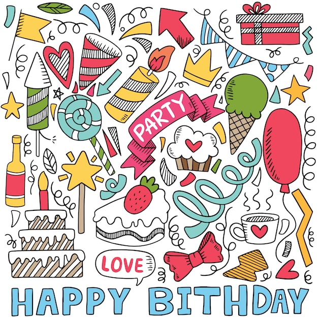 Vector hand drawn party doodle happy birthday ornaments illustration