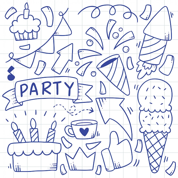 Vector hand drawn party doodle happy birthday ornaments illustration