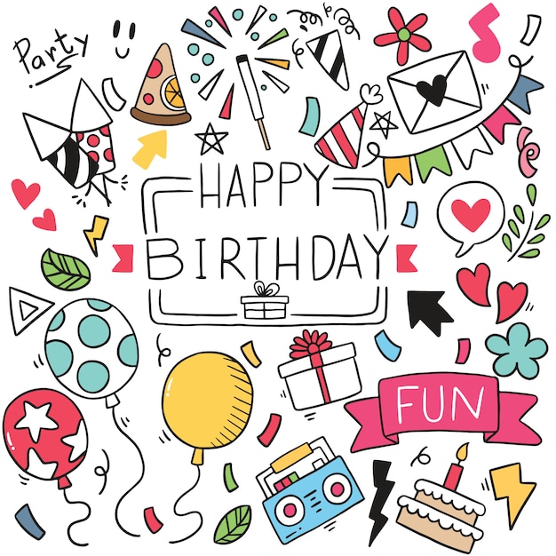 Vector hand drawn party doodle happy birthday ornaments pattern illustration