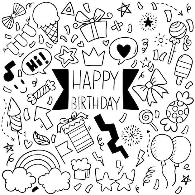 Festa disegnata a mano doodle buon compleanno ornamenti