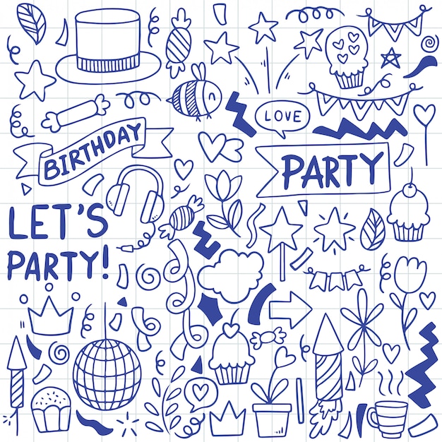 Vector hand drawn party doodle happy birthday ornaments