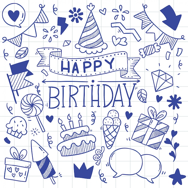 Vector hand drawn party doodle happy birthday pattern illustration