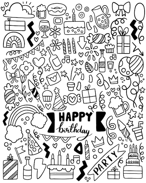 hand drawn party doodle happy birthday