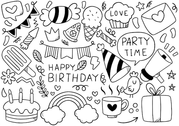 hand drawn party doodle happy birthday