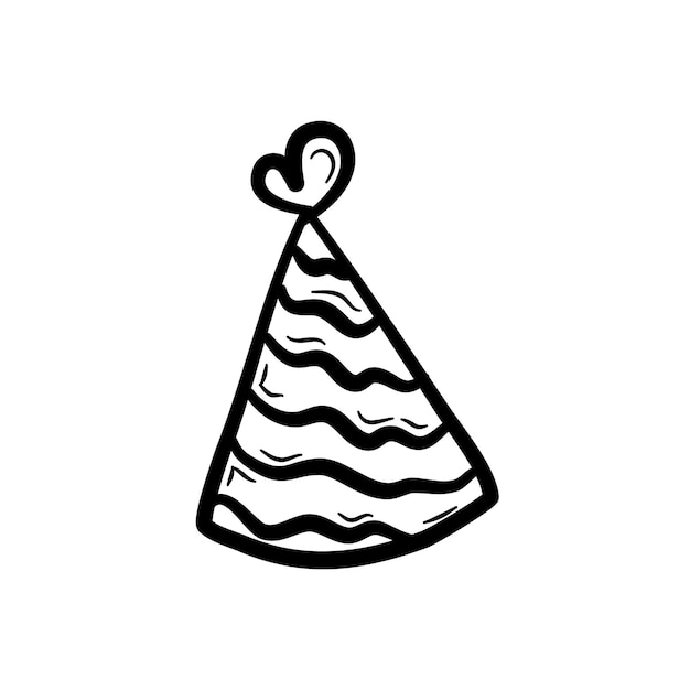 Hand drawn party hat. Conical birthday hat with stripes. 
Vector illustration in doodle style.