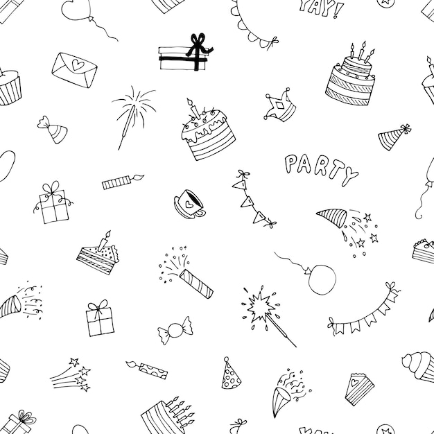 手描きパーティーのシームレスパターン ハッピーバースデー 可愛いドードル背景 誕生日テーマ