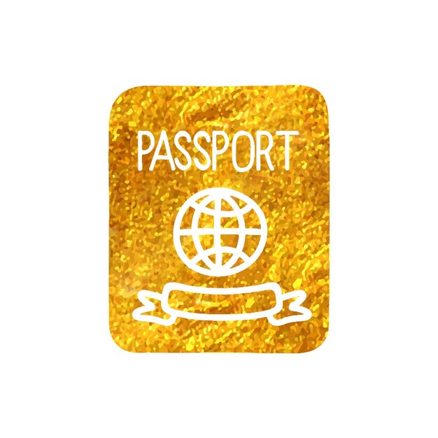 Vector hand drawn passport icon in gold foil texture vector illustration