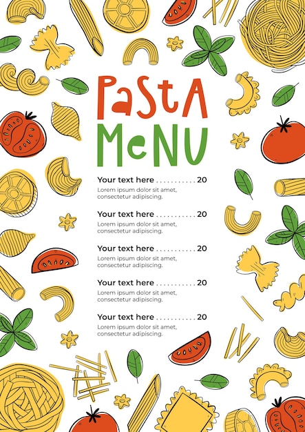 Vettore menu di pasta disegnato a mano può essere utilizzato per menu bar ristorante street festival o mercato degli agricoltori