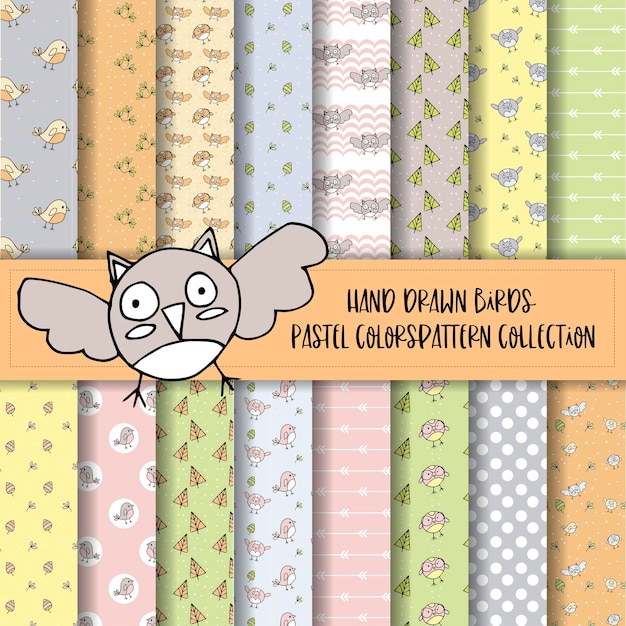 Hand drawn pastel birds pattern collection