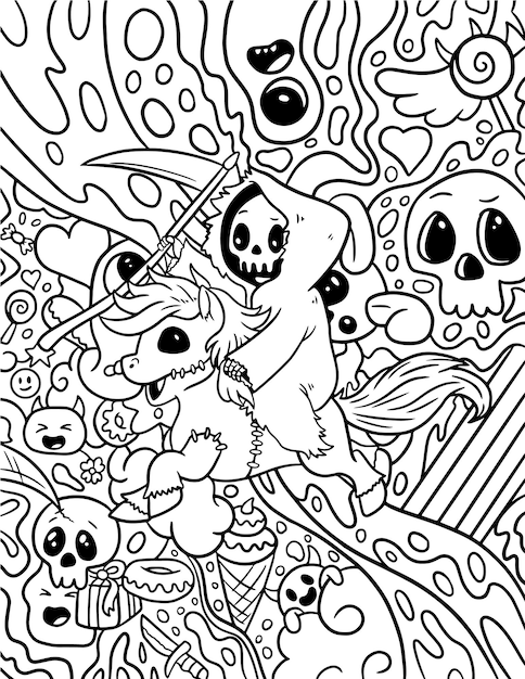 Hand drawn pastel goth coloring page creepy spooky kawaii coloring pages