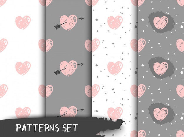 Hand drawn pastel grunge patterns with hearts