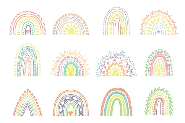 Hand drawn pastel rainbow set decorative elements for greeting card kids and baby clothes print