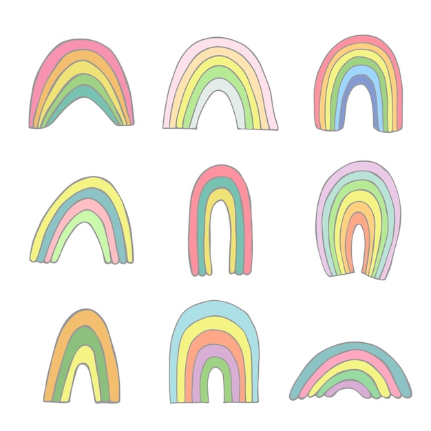 Hand drawn pastel rainbow set Decorative elements for greeting card kids and baby clothes print