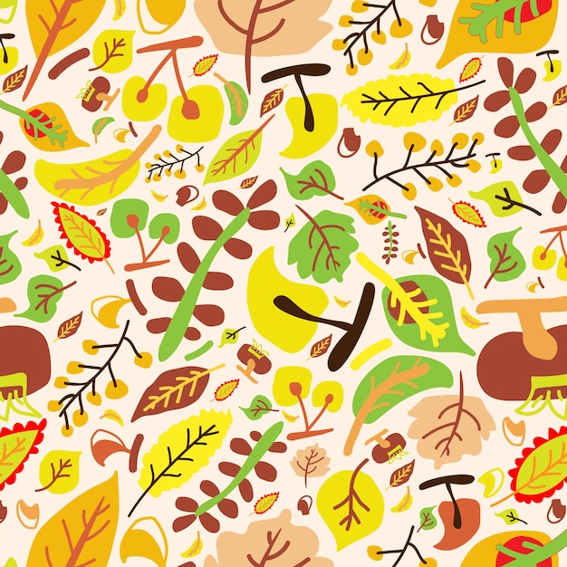 Hand drawn pattern background with leaves mix