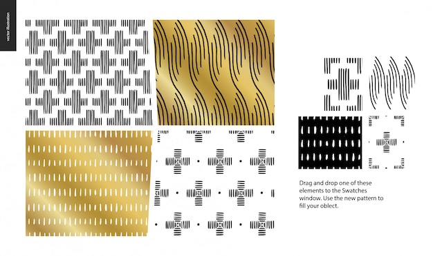 Vector hand drawn pattern in black, gold and white with geometrical lines, dots and shapes