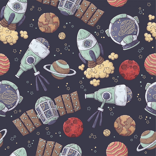 Hand drawn pattern of space elements collection