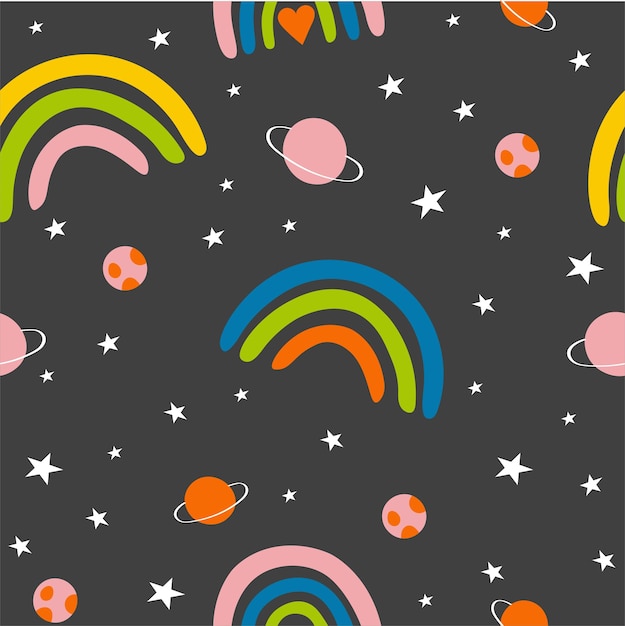 Hand drawn pattern with cute cartoon rainbow, planet, stars. Illustration in hand drawn style