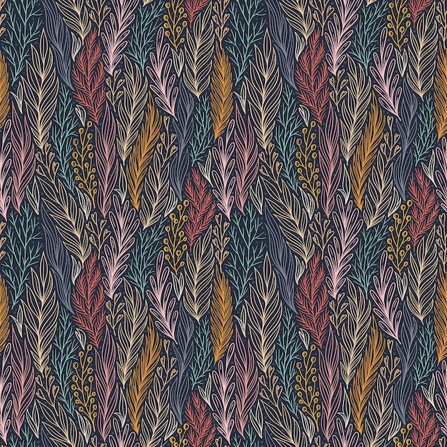 Vector hand drawn pattern with decorative floral ornament stylized colorful branches