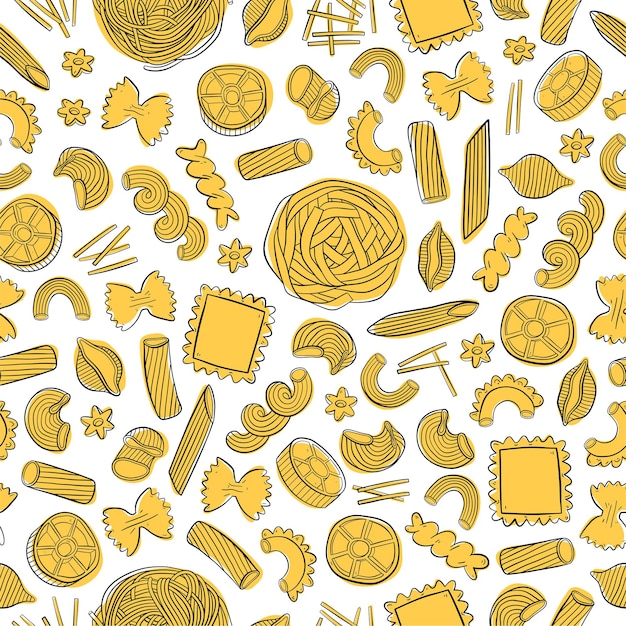 Hand drawn pattern with different types of Italian pasta