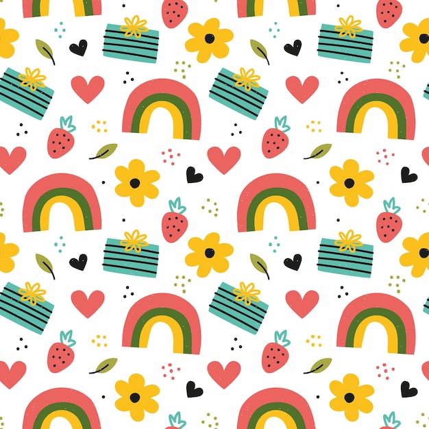 Hand drawn pattern with rainbow, flower and gift box