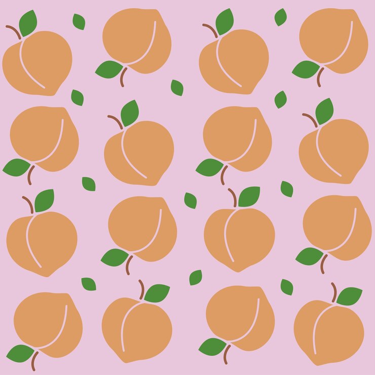 Hand drawn peach pattern peaches with cayenne leaves around