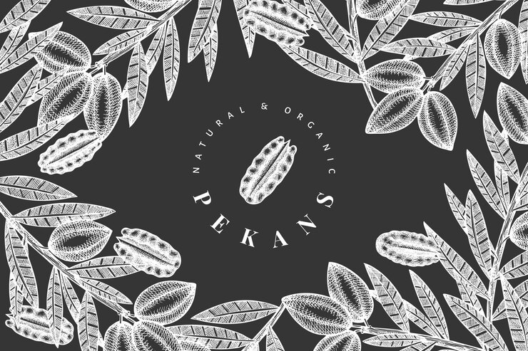 Vector hand drawn pecan branch and kernels design. organic food illustration on chalk board.