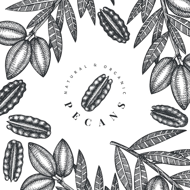 Vector hand drawn pecan branch and kernels design