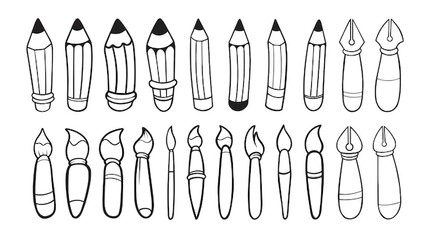 Hand Drawn Pencil Paintbrush and Pen Cartoon Outline Collection