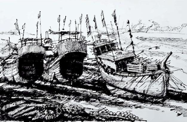 Black pencil drawing on a white paper Speedboat at the gangway. Sketch  Stock Illustration